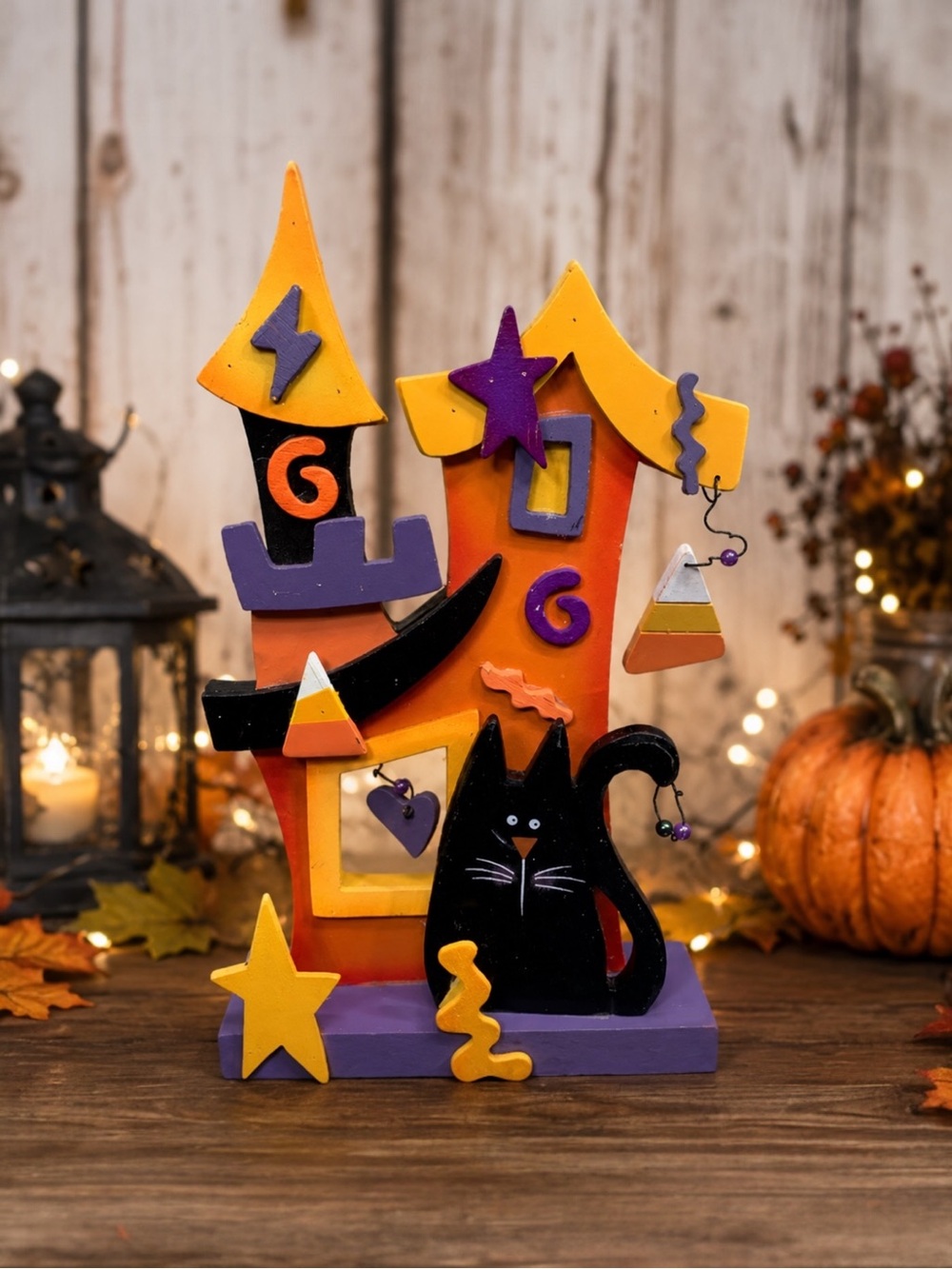 Halloween Black Cat Haunted House Wooden Decor Candy Corn 3D Tabletop Shelf Sitt
